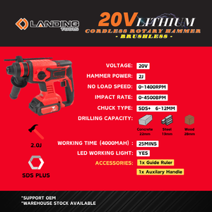 Marteau perforateur rotatif sans fil SDS Plus 20V 511219, 4 modes, 2.0J d'impact, lumière LED, batterie Li-Ion, compact pour le bricolage et le béton - Product Image 2