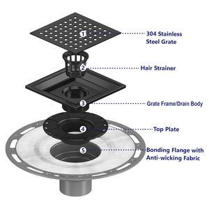 Bonde de douche carrée noire mate 4 pouces en acier inoxydable 304 brossé avec grille de drainage amovible et tissu anti-résorption - Product Image 3