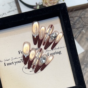 <span class=keywords><strong>Uñas</strong></span> Postizas Acrílicas Ecológicas <span class=keywords><strong>de</strong></span> Cobertura Completa, Elegantes, Rojo Francés, con Pequeños Diamantes Rotos, Removibles, <span class=keywords><strong>de</strong></span> Presión - Product Image 3