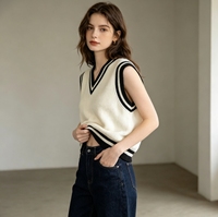 Gilet en tricot rayé style preppy pour femme, col en V sans manches, gilet épais en tricot, haut décontracté à superposer pour l'automne et l'hiver