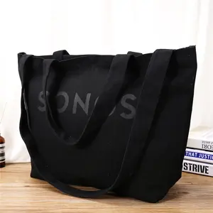 custom Logo Oversize Women Large Weekend Canvas Cotton Shopping Tote Bag Women Fashion Black Logo Canvas Bag