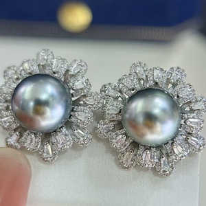 SGARIT Tendance DIY Bijoux S925 Argent <span class=keywords><strong>10</strong></span>-11mm Fleur Aurora Gris Naturel <span class=keywords><strong>Tahiti</strong></span> Eau De Mer Ronde Perle Boucles D'oreilles Bijoux - Product Image 4