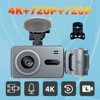 Caméra de tableau de bord 4K à triple objectif, contrôle par application WiFi, vision nocturne, 3 canaux, écran IPS de 2,0 pouces, fonction WDR, caméra de rétroviseur 720p