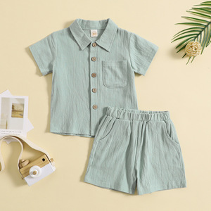 Costume d'été pour enfants en coton et <span class=keywords><strong>lin</strong></span>, chemise à manches courtes pour garçon et short, ensemble 2 pièces, couleur unie, vêtements pour enfants - Product Image 4
