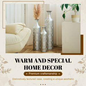 Set di 3 vasi da terra in metallo argentato con motivo a onde, cilindri alti decorativi per il soggiorno - Product Image 4