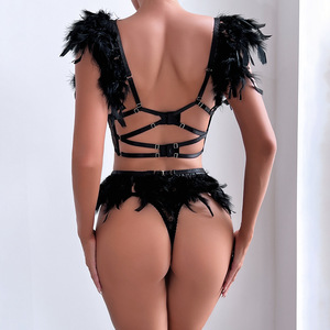 Conjunto de lencería sexy de 3 piezas Oem Cha con encaje transparente y diseño hueco, conjunto de lencería seductora de malla con pestañas. - Product Image 6
