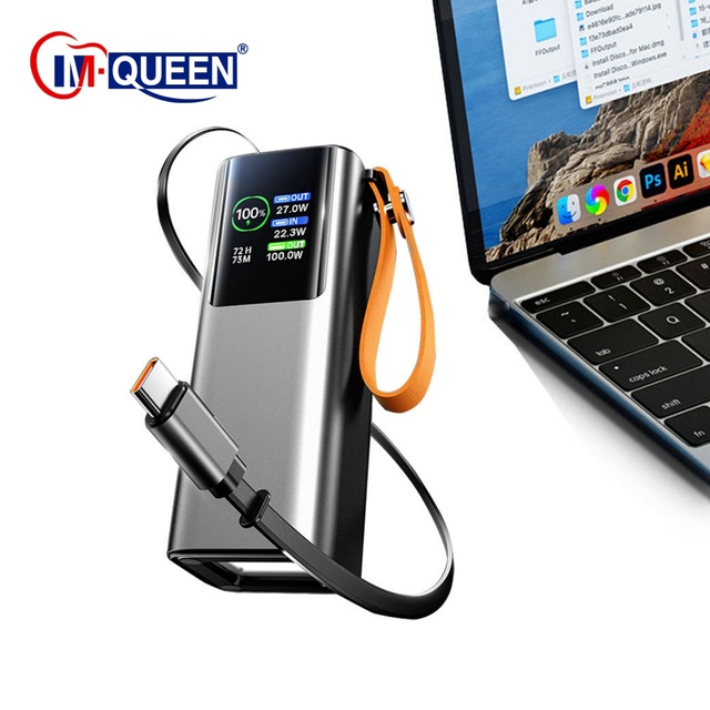Custom Logo 100W High Capacity 20000mah Ultra Slim Portable Power Bank Built-in Retractable Cable Fast Charging Holder Outdoor