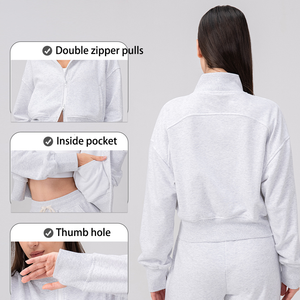 ชุดวอร์มผู้หญิงไซส์ใหญ่ผ้าฝ้ายกันลม พิมพ์โลโก้ได้ ชุดเซ็ต 2 ชิ้น ซิปคู่ คอตั้ง - Product Image 2