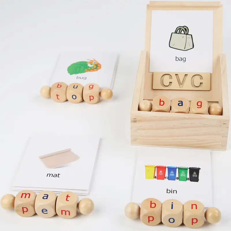 English Phonics Kids Wooden Montessorite Teaching AIDS Rotary Cube Building Blocks Letters Cognitive Spelling Toys