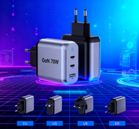 Chargeur rapide GaN 70W à 3 ports USB-C PD, adaptateur mural pour MacBook, iPhone, Samsung, alimentation portable de voyage avec prise US/EU/UK/KR