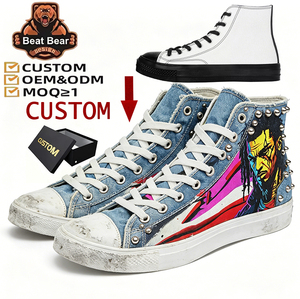 Baskets montantes en jean vieilli personnalisées avec imprimé personnage pop et clous <span class=keywords><strong>argent</strong></span>és, style punk urbain, pour hommes et femmes, en toile - Product Image 1