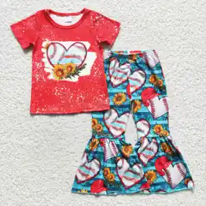 Valentine baseball rouge à manches courtes tenues fleur pas cher chine gros enfants vêtements bébé vêtements filles