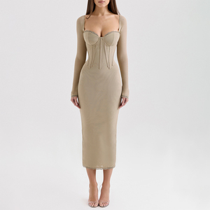 Fonte Fábrica Mulheres Bege Malha Manga Longa Bodycon Midi Vestido Elegante Vestido De <span class=keywords><strong>Cocktail</strong></span> Elegante Vestido De Festa - Product Image 2