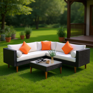 Conjunto de Muebles de Jardín de Mimbre en Forma de L para 4 Personas, Cojines Grises, Ratán Negro, Resistente a la Intemperie, Diseño Contemporáneo - Product Image 2