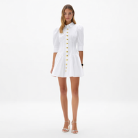 Nouvelle Robe Chemise Courte Femme en Popeline Blanche Élégante d'Été avec Manches Bouffantes, Boutons Dorés, Plissée Coupe Trapèze et Taille Cintrée Personnalisée