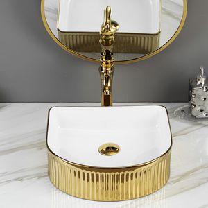 Vasque en céramique plaquée or titane italien, lavabo de comptoir cannelé - Product Image 2