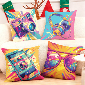 Яркие декоративные подушки в техно-стиле с изображением камеры, наушников, телефона и солнцезащитных очков в смелом стиле поп-арт. - Product Image 1