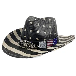 하이 퀄리티 넓은 챙 파나마 모자 밀짚 카우보이 카우걸 모자 미국 국기 모자 선물