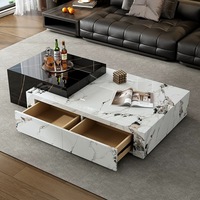 Ensemble de table basse rectangulaire en bois avec plateau en marbre de luxe moderne Runwood pour salon, avec tiroirs, meubles extensibles