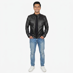 Veste en cuir pour homme de qualité supérieure, vintage, avec logo personnalisé imprimé, col montant et design de poche élégant. - Product Image 1