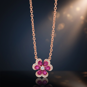 Rose Gold Plated <b>Ruby</b> Flower Pendant <b>Necklace</b> With Diamond Accents Women's Romantic Everyday Wear Box Chain - Product Image 3