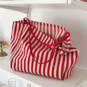 Customized Closure Fashion Cotton <b>Canvas</b> Lining Shoulder <b>Large</b> Capacity Korean Retro Striped All Seasons Street Style Tote <b>Bag</b> - Product Image 3