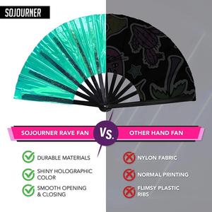 <b>Large</b> 33Cm Pvc Cool Holographic Iridescent Reflective Folding Bamboo Hand <b>Fans</b> Painted With Rave Technique - Product Image 4