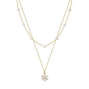 Nueva moda S925 plata esterlina 14K chapado en oro Cadena de perlas de agua dulce collar de doble capa collares con colgante de flor para mujer - Product Image 1