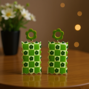 Orecchini Pendenti Verdi a Quadretti con Design Floreale, Gioielli alla Moda, Set Regalo Trendy in Resina Acrilica per Donne - Product Image 2