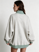Sweat-shirt à col montant brodé patchwork pour femme, en molleton de coton, manches longues, design patchwork vintage, pull-over OEM