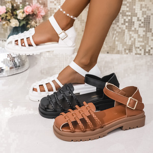Women Summer New Retro Woven Roman Buckle <b>Sandals</b> Thick Sole Hollow Beach Closed-Toe <b>Sandals</b> - Product Image 1