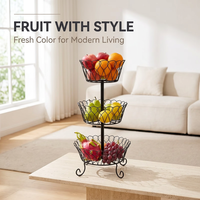 Corbeille à fruits décorative à 3 niveaux en fer forgé noir style ferme, pour îlot de cuisine et table à manger