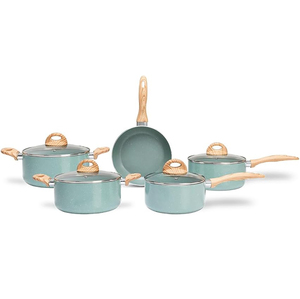 Vente flash - Ensemble de casseroles et poêles en céramique moderne avec revêtement en marbre et poignées en bois doux au toucher - Ensemble de 9 pièces en aluminium - Product Image 1