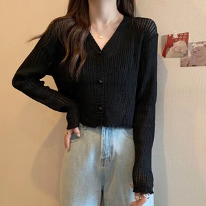<span class=keywords><strong>Cardigan</strong></span> court de style coréen pour femmes, pulls à manches longues, col en V, bord d'oreille en bois, veste tricotée fine - Product Image 5
