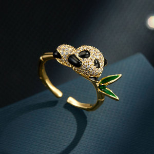 MyMuYu Chinese Style Panda Bamboo Leaf Open Ring Micro Pave Adjustable Animal Fashion Ring Gift - Product Image 1