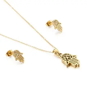 Fashion Hand of Hassam Gold Stainless Steel Studs Earrings Pendants Set