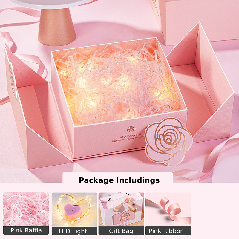 Coffret cadeau rose (boîte + raphia + LED + sac à main)