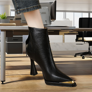 Women's Black PU Ankle Boots Thin Heel Pointed Toe Gold Decor Side Zipper Fashion <b>Booties</b> Autumn/Winter for Office Party Wear - Product Image 2