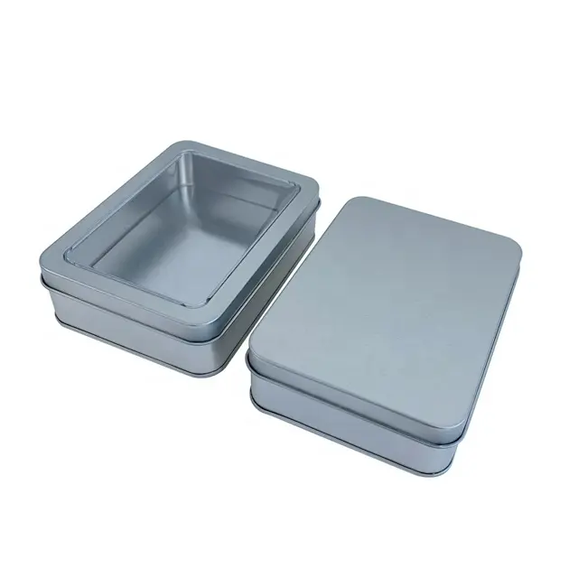 Caja de lata de metal con impresión personalizada de buena calidad para alimentos, embalaje de regalo, contenedor de lata con forma rectangular de grado alimenticio con ventana