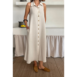 Vestido de Lino sin Mangas con Cuello Camisero, Blanco, Casual, Largo Midi, Vestido de Verano para Mujer - Product Image 5