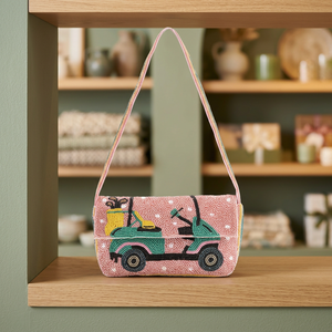 Handmade Pearl Beaded Soft Eco-Friendly Satchel Bag with Shoulder Strap Embroidered Car Design Casual Daily Use - Product Image 3