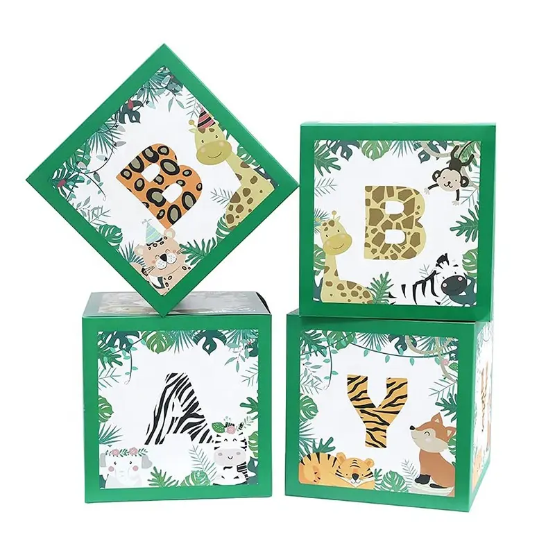 Party Supplies Birthday Decorations Boy Girl Set of 4 Gender Reveal Baby Block Gift Boxes Baby Shower Safari Jungle Anima Box