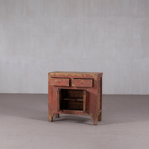 Comodino in Stile Cinese Vintage <span class=keywords><strong>con</strong></span> Finitura Laccata Rossa Invecchiata, Mobiletto per Camere in Stile Wabi-Sabi - Product Image 2