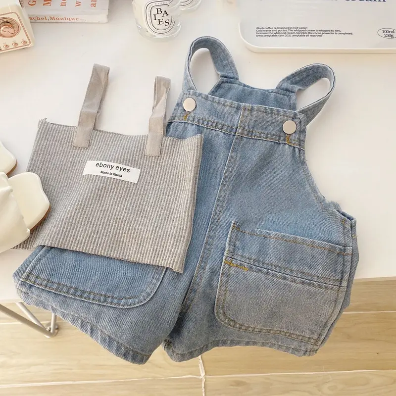 2023 Spring Summer Girls Denim Suit Fashion Casual Blue Suspenders Plus Gray Knitted Vest Kids Clothing Sets