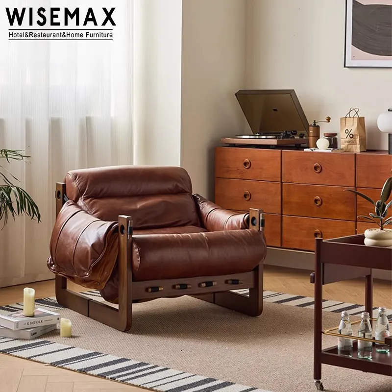 WISEMAX mid century modern furniture scandinavian armchairs for modern living room in wood faux leather lounge chair bedroom