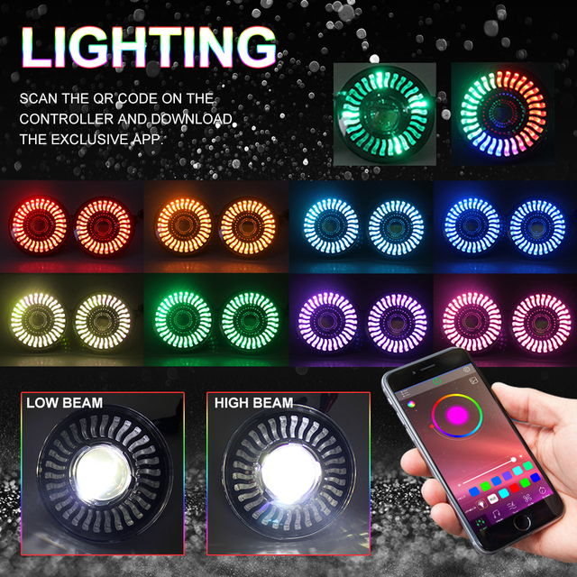 APP Music Control Chasing Color Angel Eyes 7" LED Headlight Round RGB Halo 7 Inch LED Headlight for JK JL
