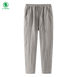 <span class=keywords><strong>Pantaloni</strong></span> Casual <span class=keywords><strong>100</strong></span>% estivi da <span class=keywords><strong>uomo</strong></span> in puro <span class=keywords><strong>lino</strong></span> a nove punte tinta unita comodo tessuto sottile con motivo dritto Logo sulla vita - Product Image 2