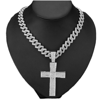 Chaîne cubaine Miami glacée de 15 mm de largeur avec pendentif croix en alliage hip-hop et strass scintillants