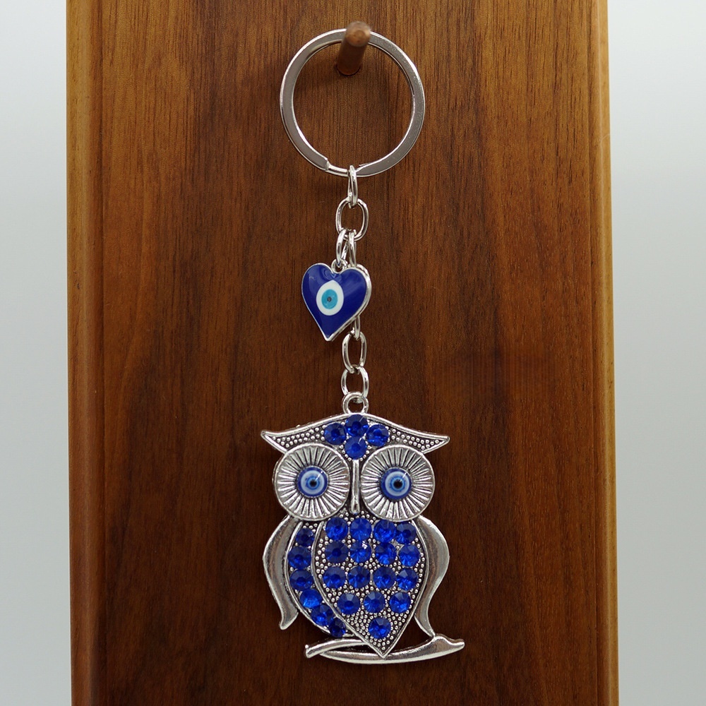 BLUE Rhinestone Metal Owl Keychain Mini Evil Eye Talisman Purse