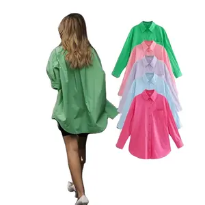 Sembilan Warna Laris Gaya Jalanan Blus Saku Katun Kemeja Warna Permen Longgar Kemeja Panjang Menengah untuk Wanita